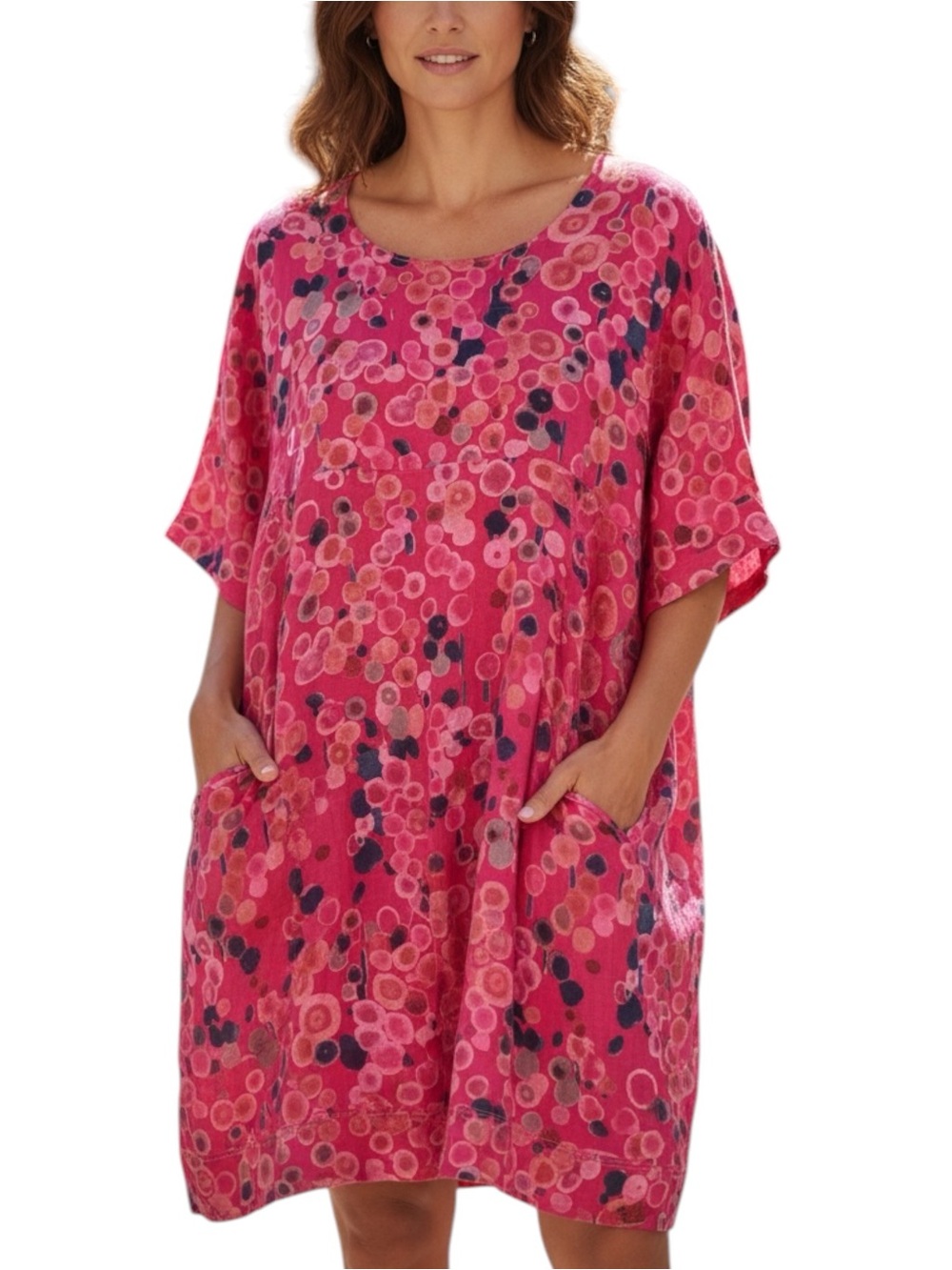 PInk & Navy Watercolor Italian Linen Dress - Deep Pockets, Lagenlook - One Size
